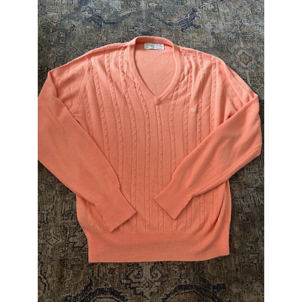 Vtg 80's Christian Dior Peach Cable Knit V Neck Pullover Sweater Medium